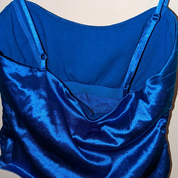 Moda International Holographic Shiny Spaghetti Crop Top Blue - Picture 2 of 5